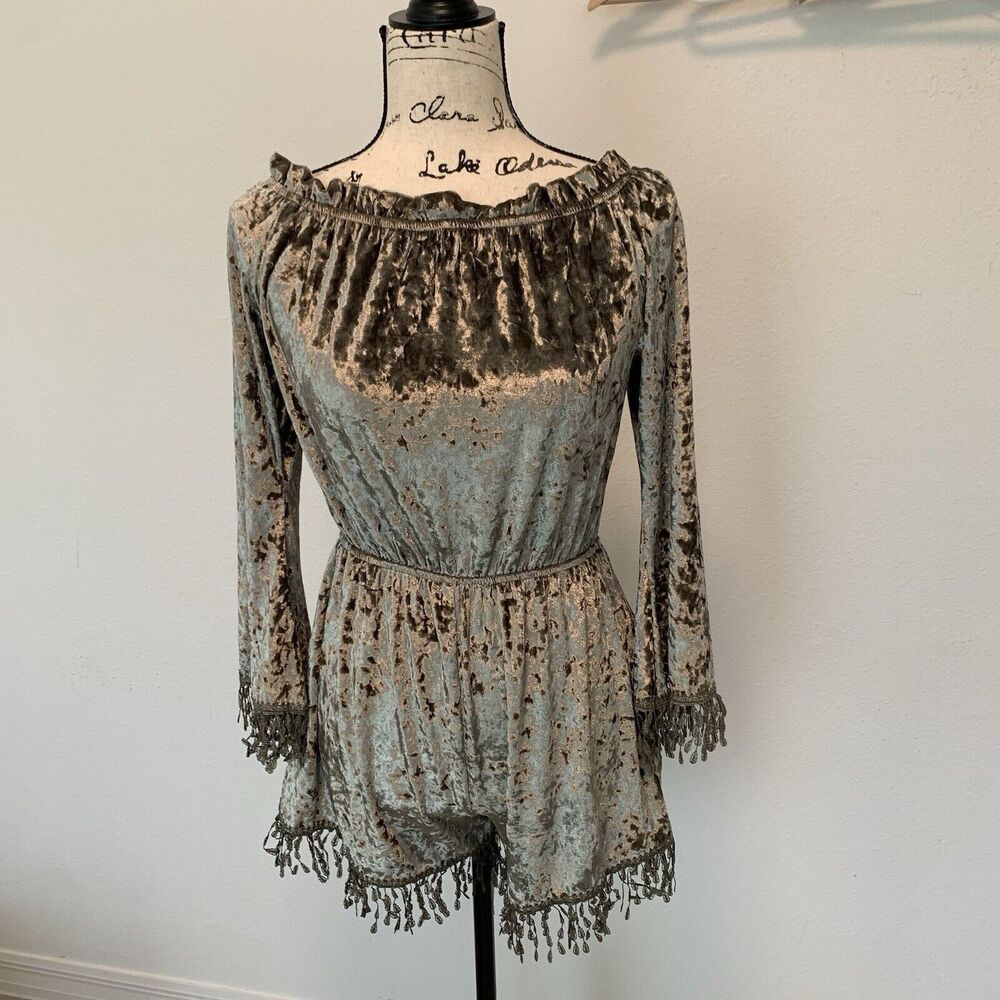 Blithe LA Green Crushed Velvet Long Sleeve Fringe Romper Size S